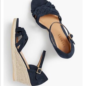 NAVY KID SUEDE LYNDSAY WOVEN ESPADRILLE WEDGES